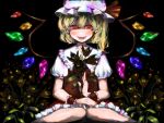  1girl ascot blonde_hair bow dark fang flandre_scarlet flower hat hat_bow lily_(flower) mob_cap red_eyes sash sitting solo touhou umi02 wings wrist_cuffs 