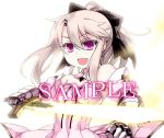  1girl bare_shoulders bow detached_collar excalibur fate/kaleid_liner_prisma_illya fate_(series) gauntlets hair_bow illyasviel_von_einzbern ishida_akira long_hair magical_girl pink_eyes ponytail prisma_illya saber saber_(cosplay) sample silver_hair small_breasts smile solo sword weapon 