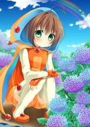  1girl brown_hair cardcaptor_sakura green_eyes highres hood kinomoto_sakura magical_girl natsuka_(unagi-unagi-unagi) short_hair solo 