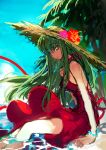  1girl beach breasts c.c. code_geass creayus dress green_hair hat looking_at_viewer red_dress sitting smile solo sun_hat twitter_username water yellow_eyes 
