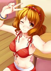  1girl bare_arms bikini_top blush breasts brown_eyes brown_hair cleavage collarbone hibike!_euphonium highres long_hair mizuki_ame navel oumae_kumiko self_shot shorts smile solo v wristband 