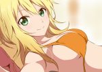  1girl ahoge bikini blonde_hair breasts green_eyes hoshii_miki idolmaster long_hair looking_at_viewer saitoyu00 sideboob smile solo swimsuit 