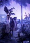  1girl boat bow crate dock dress hat long_hair looking_at_viewer original purple_hair rope sleeveless smile solo sorolp staff violet_eyes witch_hat 