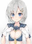  1girl blue_eyes blush bra breasts cleavage cole gloves hair_ornament hair_over_one_eye hairclip hamakaze_(kantai_collection) kantai_collection large_breasts looking_at_viewer open_clothes open_shirt school_uniform serafuku shirt short_hair silver_hair solo underwear 