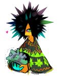  1boy black_hair bracelet daunii_(splatoon) frown green_eyes heart jewelry kuro_yuzu orange_skin poncho purple_sclera short_hair simple_background solo spiky_hair splatoon upper_body white_background 