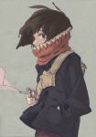  1girl bag black_eyes brown_hair cigarette coat hand_in_pocket holding horikoshi_kouhei long_sleeves original short_hair smoke smoking solo teeth 