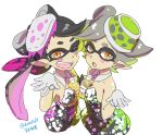  +_+ 2girls ;d aori_(splatoon) between_breasts black_hair blush detached_collar doumoto_yuuki fangs food food_on_head gloves grey_hair hotaru_(splatoon) long_hair mask mole mole_under_eye multiple_girls object_on_head one_eye_closed open_mouth orange_eyes short_hair simple_background smile splatoon sushi tea white_background white_gloves 