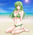  1girl barefoot beach bikini breasts cleavage fire_emblem fire_emblem:_mystery_of_the_emblem green_eyes green_hair headband highres large_breasts long_hair navel ocean paola sitting sky smile solo swimsuit tamamon water 