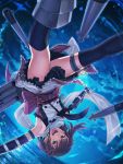  1girl brown_hair elbow_gloves gloves highres itou_(onsoku_tassha) kantai_collection night ocean remodel_(kantai_collection) scarf sendai_(kantai_collection) short_hair skirt thigh-highs torpedo upside-down 