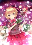  1girl blonde_hair bow chikuwa_savi commentary danmaku fairy_wings flower grey_eyes hair_bow hair_ribbon highres lily_of_the_valley looking_at_viewer medicine_melancholy minigirl puffy_short_sleeves puffy_sleeves ribbon shirt short_hair short_sleeves skirt smile spell su-san touhou wings 