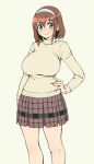  1girl blue_eyes blush breasts brown_hair character_request cowboy_shot hairband hand_on_hip large_breasts looking_at_viewer pas_(paxiti) plaid plaid_skirt pleated_skirt short_hair skirt smile solo sweater turtleneck turtleneck_sweater 