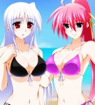  2girls ahoge beach bikini black_bikini blue_eyes breasts cleavage engo_(aquawatery) hair_ribbon large_breasts long_hair lyrical_nanoha mahou_shoujo_lyrical_nanoha mahou_shoujo_lyrical_nanoha_a&#039;s midriff multiple_girls navel ocean pink_hair ponytail purple_bikini red_eyes reinforce_zwei ribbon side-tie_bikini signum silver_hair smile swimsuit touhou very_long_hair 