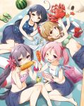  4girls ;) ;d ahoge akebono_(kantai_collection) bandaid bandaid_on_face bare_shoulders bell black_hair brown_hair closed_mouth corn crab eating flower food fruit hair_bell hair_bobbles hair_flower hair_ornament highres hot_dog kantai_collection long_hair lying multiple_girls oboro_(kantai_collection) on_back on_side one_eye_closed open_mouth pink_hair ponytail purple_hair sazanami_(kantai_collection) school_uniform serafuku short_hair side_ponytail sitting smile swimsuit twintails ushio_(kantai_collection) watermelon wrist_scrunchie yume_no_owari 
