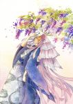  1boy asaki_leaf blonde_hair character_request closed_eyes dutch_angle flower highres horns japanese_clothes mask natsume_yuujinchou solo traditional_media watercolor_(medium) wide_sleeves 