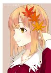  1girl absurdres aki_shizuha blonde_hair border brown_background dated face highres leaf leaf_on_head long_sleeves looking_away nagata_nagato orange_eyes portrait profile short_hair simple_background smile solo text touhou upper_body 