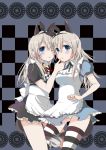  2girls alice_(wonderland)_(cosplay) alice_in_wonderland alternate_costume animal_ears apron blue_eyes blush bolo_tie checkered checkered_background crossover dress dual_persona eila_ilmatar_juutilainen hairband hand_on_another&#039;s_chin hand_on_another&#039;s_face highres long_hair multiple_girls neck_ribbon open_mouth ribbon silver_hair strike_witches striped striped_legwear suomio tail thigh-highs 