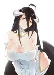  ahoge albedo bare_shoulders bent_over black_hair black_wings breasts cleavage demon_girl demon_horns dress elbow_gloves gloves head_tilt highres hip_vent horns large_breasts long_hair looking_at_viewer overlord_(maruyama) smile v_arms very_long_hair white_dress white_gloves wings x&amp;x&amp;x yellow_eyes 