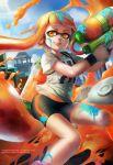  1girl bike_shorts highres ink inkling long_hair messy orange_eyes orange_hair solarblade splatoon super_soaker tentacle_hair 