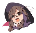  1girl bow brown_eyes brown_hair cape glasses hasebe_yuusaku hat hat_bow hat_ribbon low_twintails open_mouth red-framed_glasses ribbon short_hair solo touhou twintails usami_sumireko 