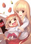  :d absurdres blonde_hair brown_eyes chibi closed_eyes cola doma_umaru dual_persona hamster hamster_costume highres himouto!_umaru-chan hug hug_from_behind index_finger_raised long_hair looking_at_viewer open_mouth size_difference skirt smile soda_bottle teeth very_long_hair wachiroku_(masakiegawa86) 