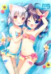  2girls :d ;d ahoge animal_ears bare_shoulders bikini black_hair blue_eyes blush bracelet braid cat_ears cat_tail fang flower hair_ornament hair_ribbon hairclip jewelry long_hair looking_at_viewer multiple_girls navel one_eye_closed open_mouth original ponytail red_eyes ribbon salute short_hair silver_hair small_breasts smile strapless swimsuit tail tubetop twin_braids usashiro_mani v water 