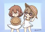  2girls :d ^_^ alternate_costume brown_hair closed_eyes fang hair_ornament hairclip hat ikazuchi_(kantai_collection) inazuma_(kantai_collection) jakoo21 kantai_collection multiple_girls open_mouth short_hair short_sleeves smile 