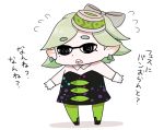  1girl :o black_dress black_eyes chibi detached_collar dress earrings flying_sweatdrops gaiko_kujin green_hair green_legwear hotaru_(splatoon) jewelry mole mole_under_eye open_mouth pantyhose purple_legwear short_hair simple_background solo splatoon strapless_dress translation_request white_background 