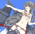  1girl absurdres adapted_costume bikini black_hair breasts brown_eyes cleavage hair_ornament hairband hairclip haruna_(kantai_collection) highres kantai_collection long_hair open_mouth shuutou_haruka solo swimsuit 
