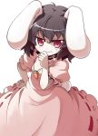  1girl akaneya animal_ears black_hair bunny_tail carrot grin inaba_tewi jewelry looking_at_viewer necklace pendant pink_eyes puffy_short_sleeves puffy_sleeves rabbit_ears short_sleeves smile solo tail touhou 
