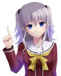  1girl blue_eyes charlotte_(anime) index_finger_raised long_hair looking_at_viewer school_uniform seirei911 serafuku silver_hair smile tomori_nao twintails two_side_up 