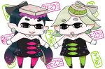  2girls aori_(splatoon) black_dress black_hair chibi detached_collar dress earrings food food_on_head gaiko_kujin green_legwear hotaru_(splatoon) jewelry long_hair mole mole_under_eye multiple_girls object_on_head pantyhose purple_legwear short_hair simple_background splatoon strapless_dress sushi white_background 