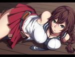  1girl arms_behind_back bare_shoulders bdsm blush bondage braid breast_press breasts brown_hair green_eyes highres kantai_collection letterboxed long_hair lying navel noshiro_(kantai_collection) red_skirt sblack single_braid skirt solo 
