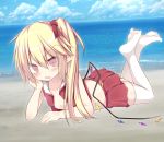  1girl adapted_costume alternate_costume beach blonde_hair blue_sky blush clouds crystal flandre_scarlet full_body hair_ornament hair_ribbon legs_up looking_at_viewer lying miniskirt namayakeinu ocean on_stomach open_clothes open_mouth open_shirt pointy_ears ribbon sand shirt side_ponytail skirt sky solo thigh-highs touhou white_legwear wings zettai_ryouiki 