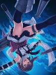  1girl brown_hair elbow_gloves gloves itou_(onsoku_tassha) kantai_collection night ocean remodel_(kantai_collection) scarf sendai_(kantai_collection) short_hair skirt thigh-highs torpedo upside-down 