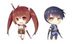  1boy 1girl blue_hair blush brown_eyes brown_hair chibi dual_wielding eiyuu_densetsu estelle_bright joshua_astray long_hair looking_at_viewer open_mouth saru short_hair simple_background smile sora_no_kiseki staff twintails white_background 