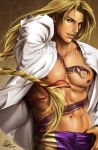  1boy abs balrog blonde_hair blue_eyes braid eyebrows hair_flip light_smile lips lixin_wang long_hair low-tied_long_hair male_focus navel nose open_clothes open_shirt pectorals realistic shirt signature single_braid solo street_fighter tattoo 