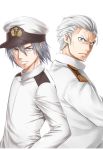  admiral_(kantai_collection) borrowed_character crossover frown glaring grey_hair hands_on_hips hat kantai_collection looking_at_viewer man_arihred military military_uniform open_eyes uniform white_hair 