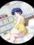  1girl :o bed bedroom blue_hair blush bookshelf boombox breasts brown_eyes dress embarrassed highres large_breasts looking_at_viewer mage_(artist) on_bed peephole peeping pillow plump pov ranma_1/2 short_hair sleeveless sleeveless_dress solo tendou_akane thick_thighs thighs 
