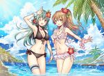 2girls ;d alternate_costume ball beachball bikini black_bikini blush breasts brown_hair cleavage clouds flower front-tie_top green_eyes green_hair hair_flower hair_ornament hairclip heart-shaped_lock hibiscus jewelry kantai_collection kumano_(kantai_collection) leg_garter long_hair looking_at_viewer madogawa multiple_girls navel necklace one_eye_closed open_mouth palm_tree ponytail side-tie_bikini sky smile suzuya_(kantai_collection) swimsuit tree water white_bikini white_swimsuit 