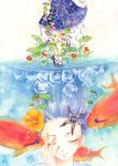  1girl asaki_leaf blue_hair closed_eyes fish original plant skirt smile standing starfish surreal underwater walking 