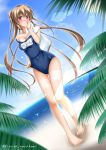  1girl barefoot beach blush brown_eyes brown_hair kantai_collection lens_flare long_hair murasame_(kantai_collection) narukami_ginryuu ocean school_swimsuit smile solo swimsuit tan tanline towel twintails water 