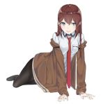  1girl between_breasts black_legwear blue_eyes brown_hair highres jacket long_hair makise_kurisu necktie necktie_between_breasts off_shoulder panties rolua simple_background solo steins;gate underwear white_background 