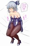  1girl :d bed blush breasts bunnysuit chin_(motio7201) elbow_gloves fishnet_pantyhose fishnets full_body gloves green_eyes hair_ribbon hairband high_heels konpaku_youmu leather looking_at_viewer nose_blush open_mouth pantyhose plump ribbon short_hair silver_hair sitting smile solo strapless thighs touhou translated wide_hips 