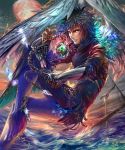  1boy blue_eyes blue_hair chain feathers fingernails gauntlets highres moon nail_polish ornament red_moon shingoku_no_valhalla_gate shipwreck waves wings 