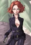  1girl aqua_eyes belt black_widow bodysuit breasts collarbone gun handgun horikoshi_kouhei lips looking_away looking_to_the_side marvel midriff natasha_romanoff redhead short_hair solo weapon 