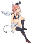  1girl bikini_top black_legwear blue_eyes boots chin_rest dated demon_tail gloves highres jewelry original pink_hair redhead ring sigama single_thighhigh solo tail thigh-highs thigh_boots twitter_username white_gloves wings 