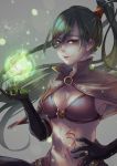  breasts brown_eyes capelet cleavage elbow_gloves gloves green_hair hand_on_hip highres jewelry long_hair looking_at_viewer magic ponytail ragnarok_online ring smile tattoo very_long_hair 