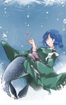  1girl blue_eyes blue_hair drill_hair gem hammer_(sunset_beach) highres japanese_clothes kimono mermaid monster_girl open_mouth shooting_star sleeves_past_wrists solo touhou underwater wakasagihime wide_sleeves 