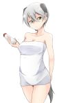  1girl animal_ears bangs breasts cleavage collarbone dog_ears dog_tail green_eyes hair_between_eyes hatsumi_nekuta highres laura_toth naked_towel short_hair silver_hair simple_background solo strike_witches tail towel white_background 