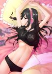  1girl absurdres arms_up bikini black_hair black_panties blue_eyes breasts daye_bie_qia_lian earmuffs from_above highres kimishima_kana kiseijuu long_hair looking_at_viewer lying on_back on_bed panties parted_lips photo_(object) pillow solo t-shirt under_boob underwear 